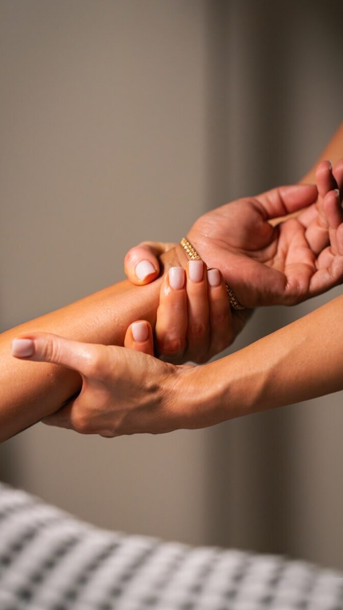Hands massaging a person's forearm with gentle pressure.